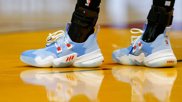 Atlanta Hawks guard Trae Young wears the Adidas Trae Young 1 'Icee' sneakers against the Miami Heat on January 14, 2022.